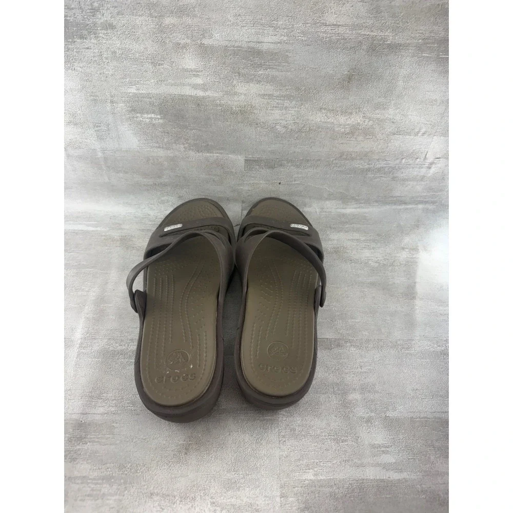 Crocs Patricia Wedge Sandals Women Sz 9 Brown Olive Green Multi Strap Slide